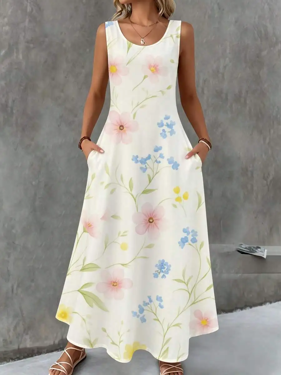 

Floral Print Sleeveless Maxi Dress Cream Pink Blue Yellow Summer Beach Vacation Outfit