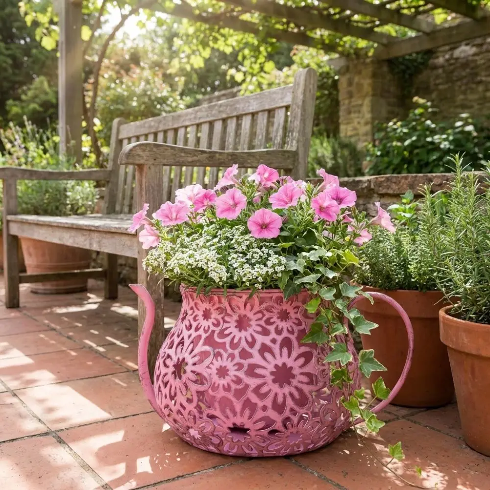 Creative Retro Hollow Teapot Flowerpot Wrought Iron Floral Cutout Flower Pot Double Layer Decorative Flowerpot Garden