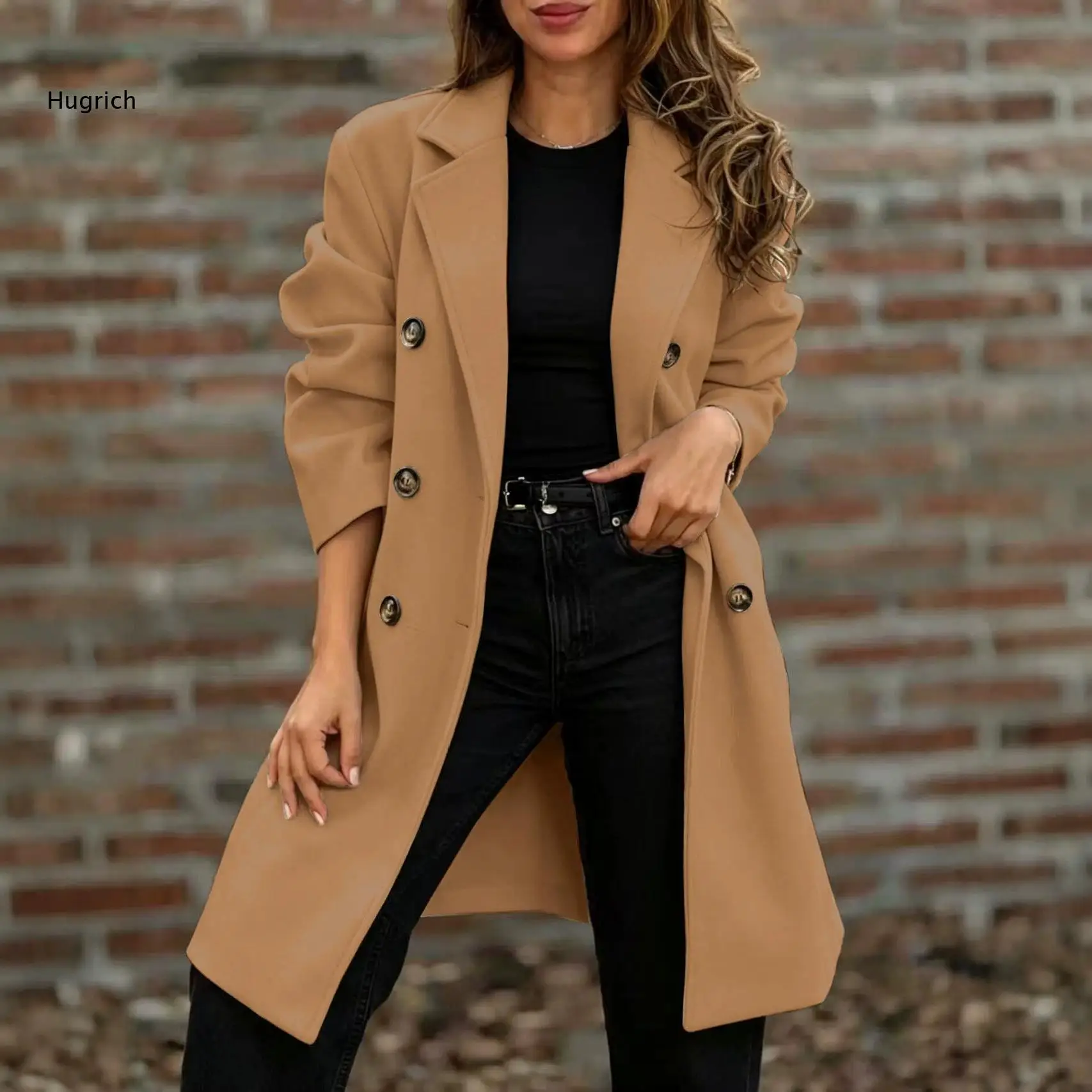 Women's Double Breasted Long Coat Notched Lapel Belted Wool Blend Trench Overcoat Classic Office Lady Outerwear Jacket for Autum