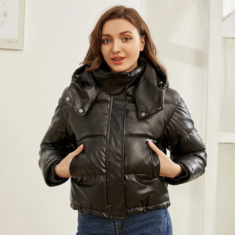 2024 Women Winter Vintage Faux Leather Loose Hooded Pockets Cotton Jackets Fashion Warm Thick PU Parkas Female Outerwear Tops