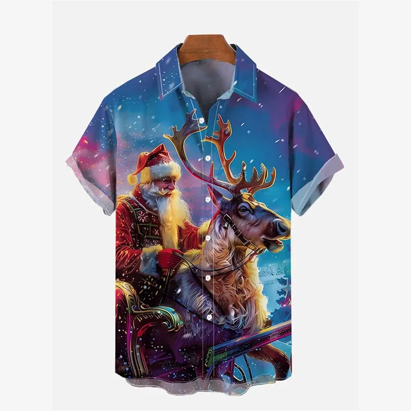 ثلاثية الأبعاد طباعة سانتا الرنة عيد الميلاد قمصان للرجال الشارع الهيب هوب الموسيقى حفلة سانتا كلوز قميص قصير الأكمام فضفاضة عيد الميلاد قميص
