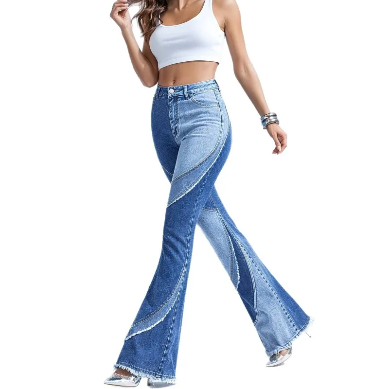 2026 Double Spell Color Washed Jeans Women's Denim Flared Trousers Spring Autumn High-waist Casual Jeans Lady Slim Pencil Pants