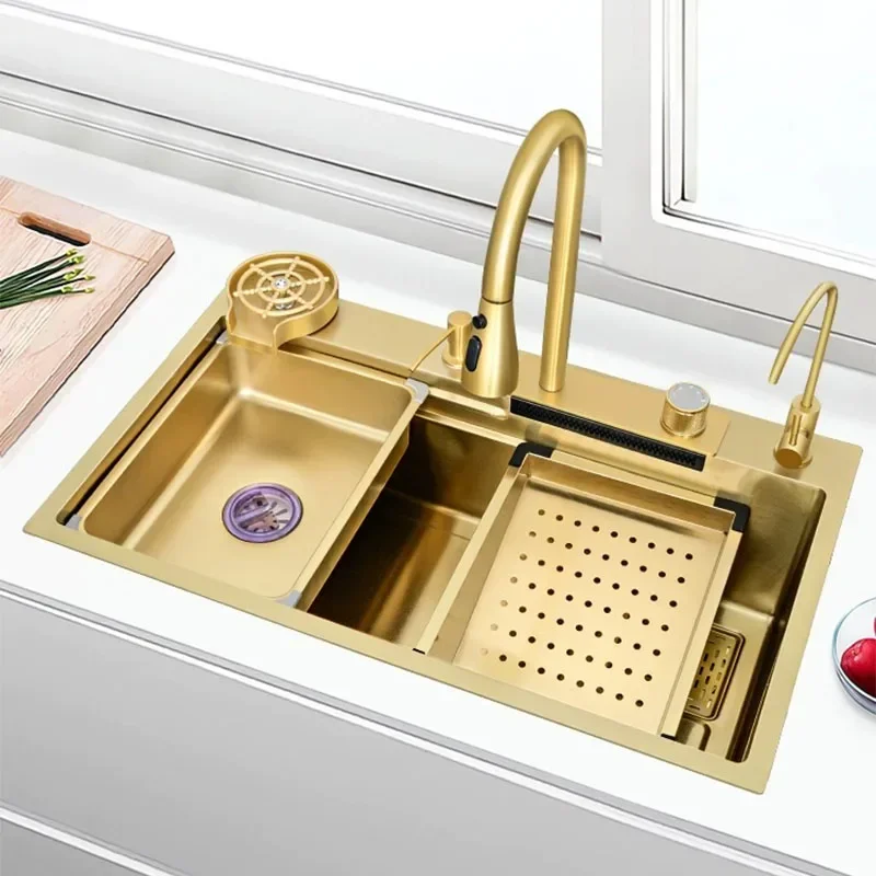 Large multifunctional kitchen sink, vegetable basin, waterfall design, single slot, gold 304 stainless steel, thickened