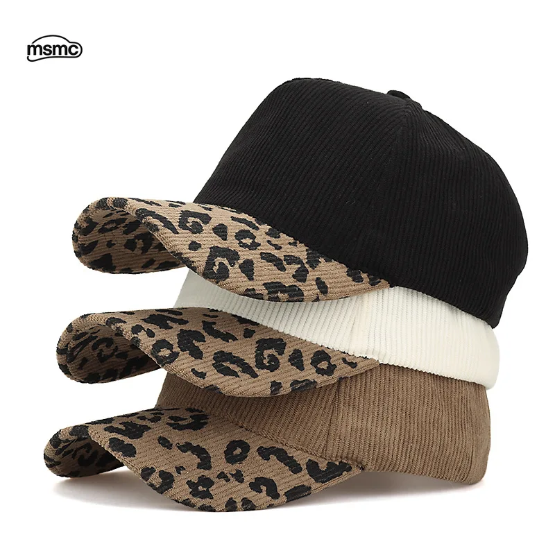 Custom Logo Autumn Winter Corduroy Baseball Cap Women High Crown Vintage Duckbill Cap Leopard Print Spliced Brim Unisex Sun Hat
