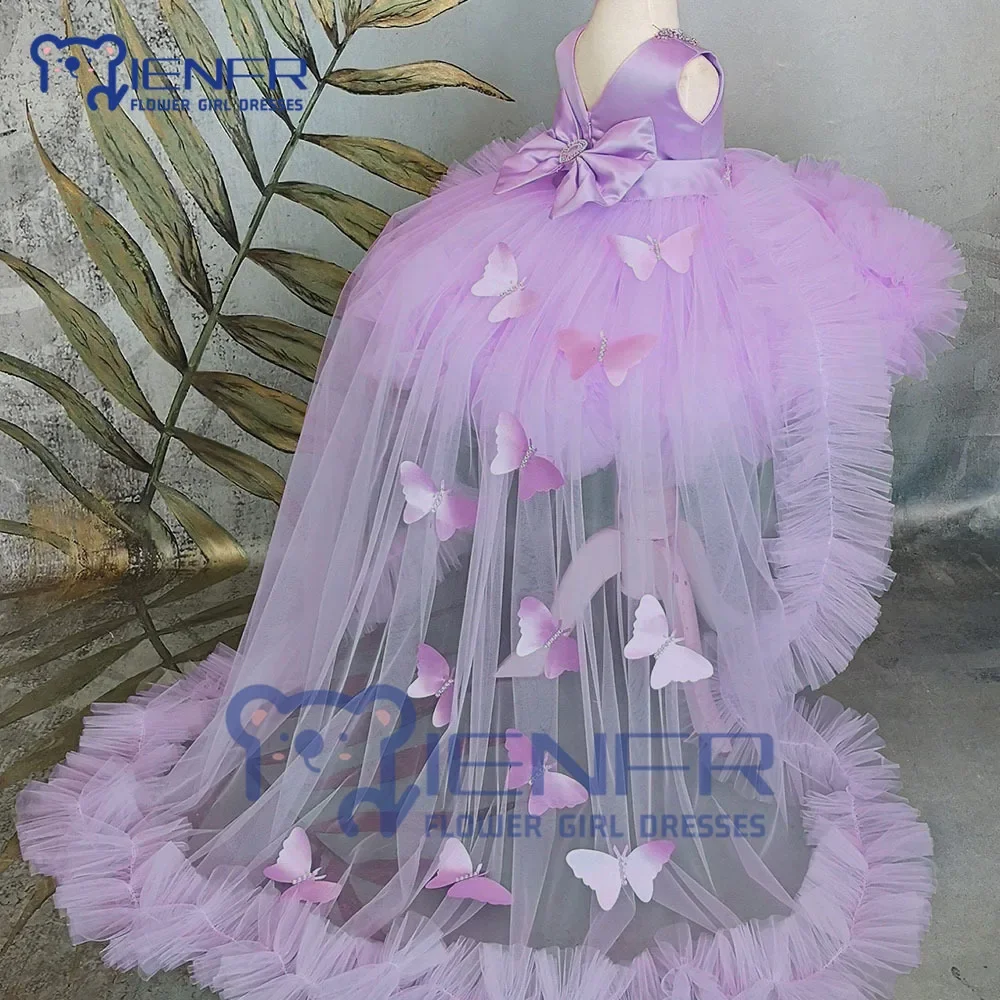 Pink Baby Girl Dress com trem de borboleta destacável, Birthday Party, Casamento, Ocasião especial, Flower Girl Dresses