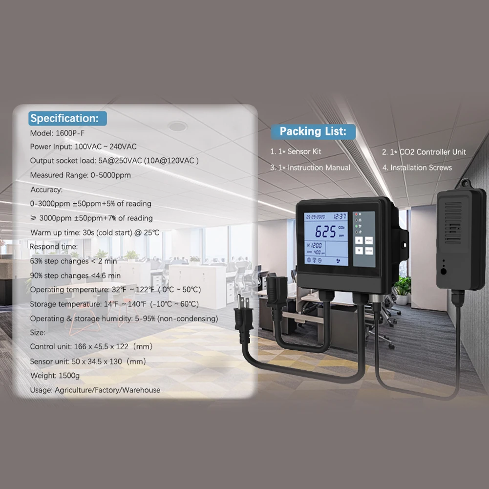 Yieryi CO2 Controller 1600P-F With NDIR Sensor Adjustable Ventilation Fan Touch Button Remote Operation For Warehouse Factory