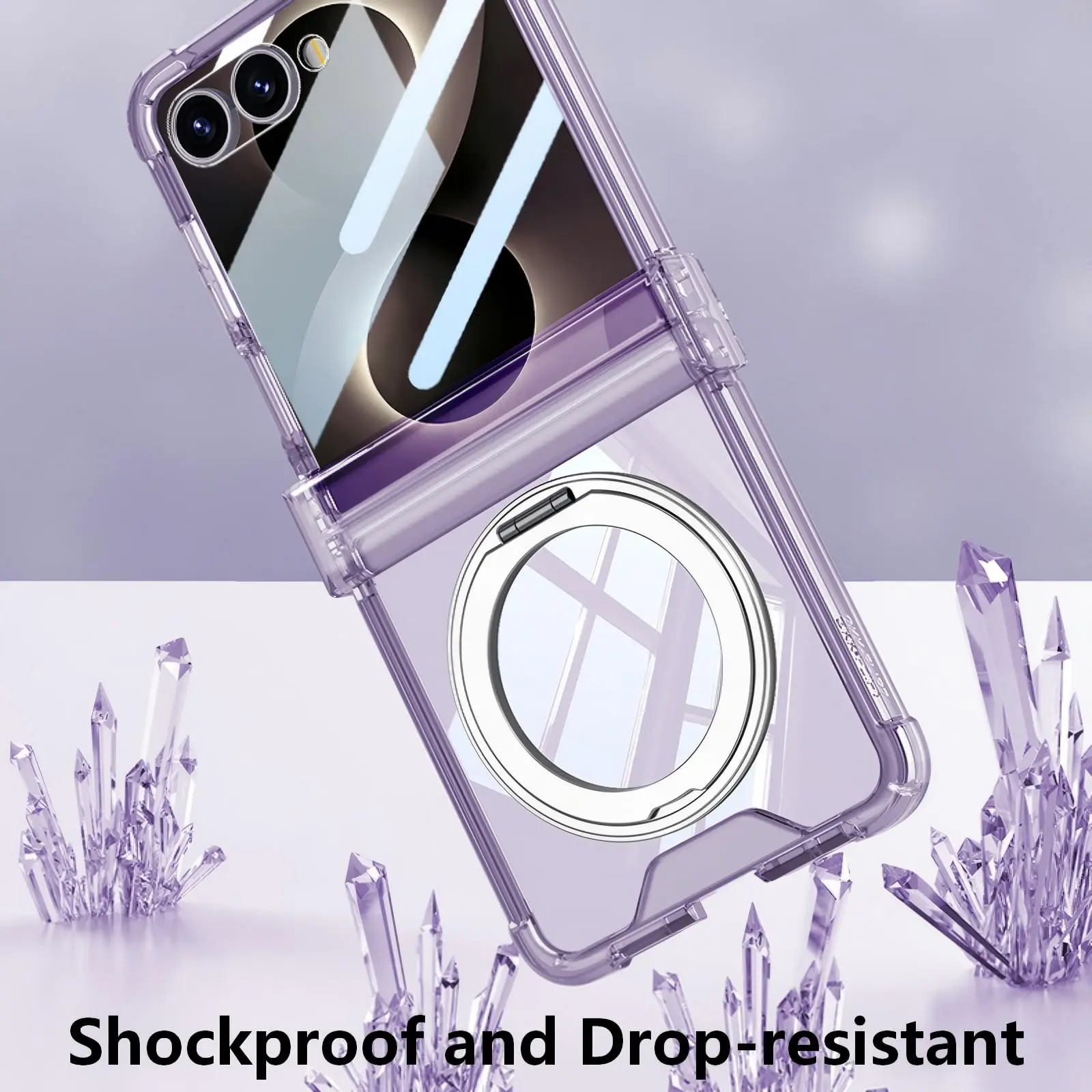 Soft TPU Case for Samsung Galaxy Z Flip 8 Rotatable Magnetic Ring Kickstand Screen Film 4-Corner Airbag Anti-Drop Hinge Cover