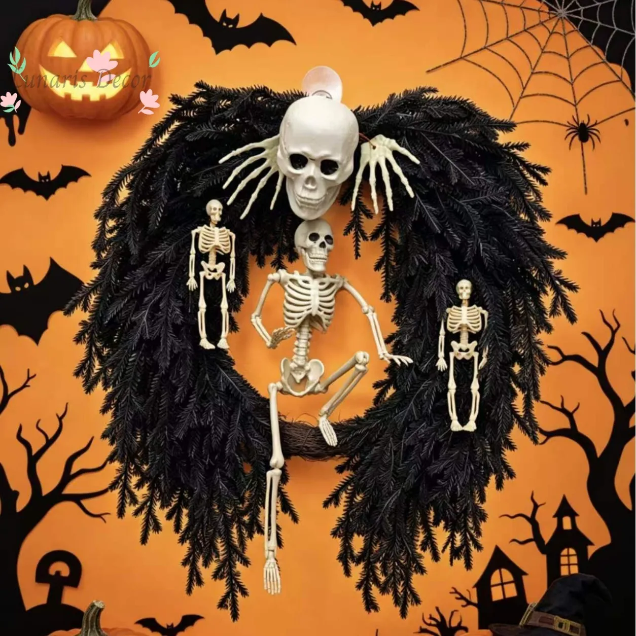 Halloween Skull Norfolk Pine Wreath Halloween Decoration Simulation Wreath Party Cloth