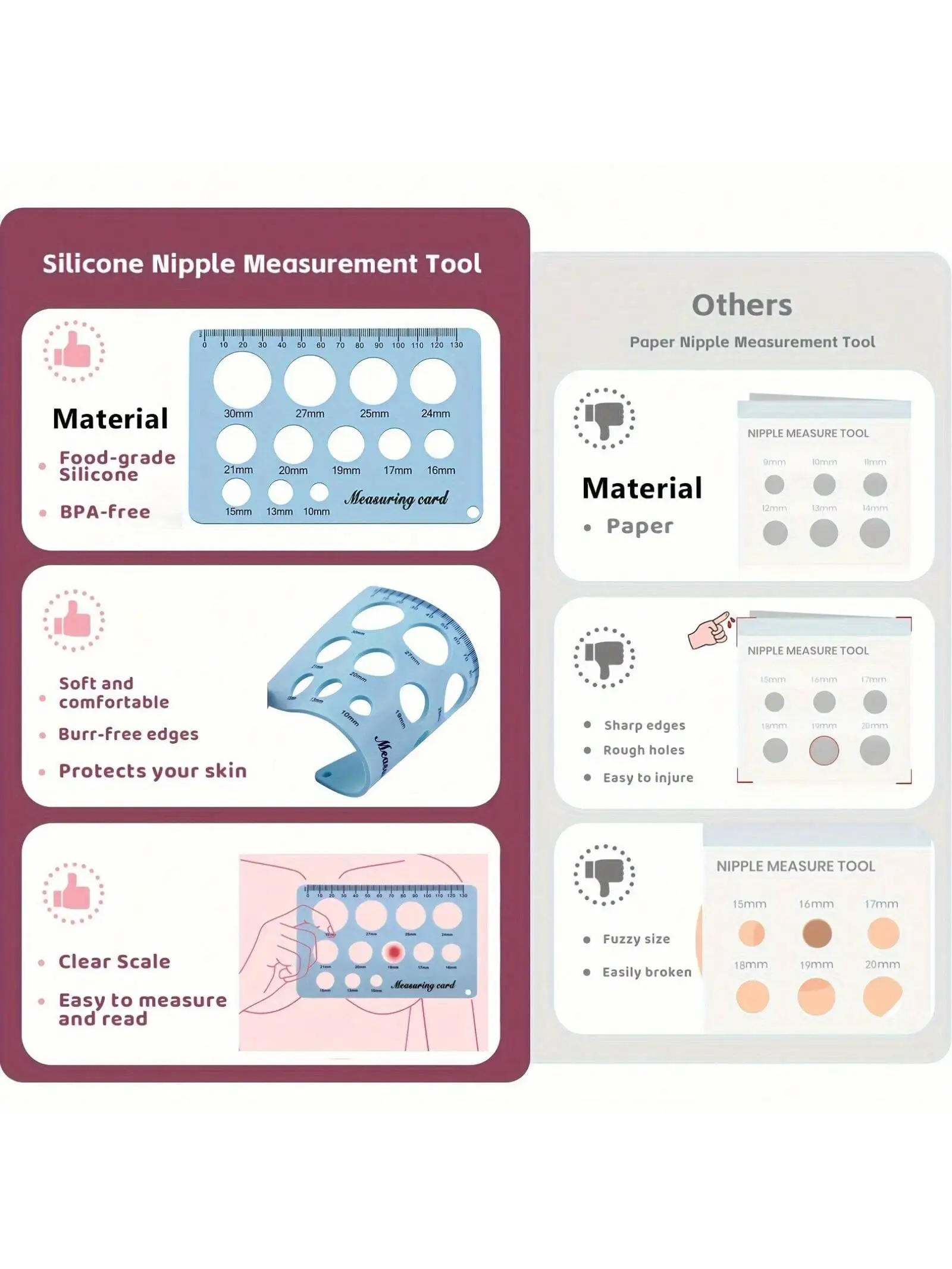 مجموعة تحجيم شفة مع 10 قطعة إدراجات شفة 13/15/17/19/21 مللي متر ، أداة قياس الحلمة ، طقم إدراج شفة مضخة الثدي من السيليكون #6