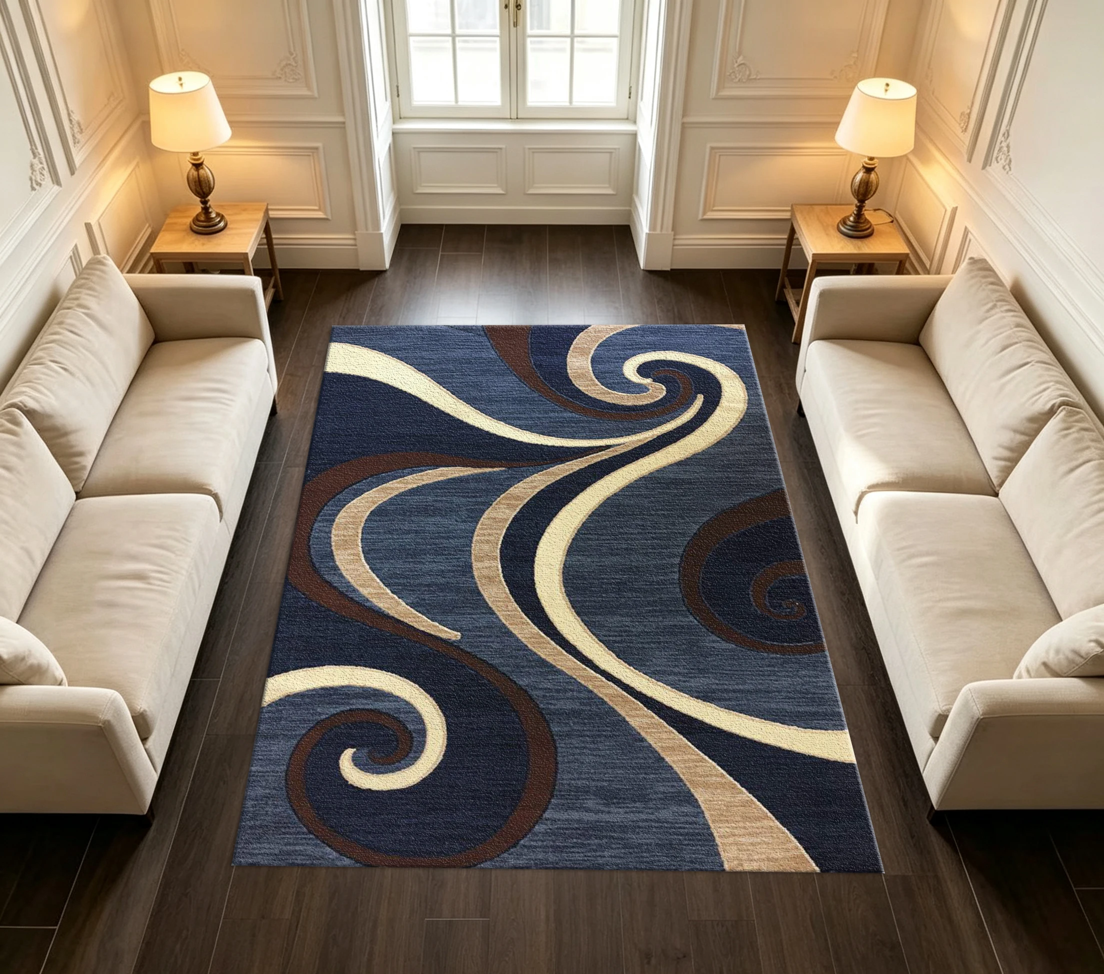 Modern Navy Blue and Beige Brown Swirl-Shaped Curved Non-Slip Carpet for Living Room Home Use