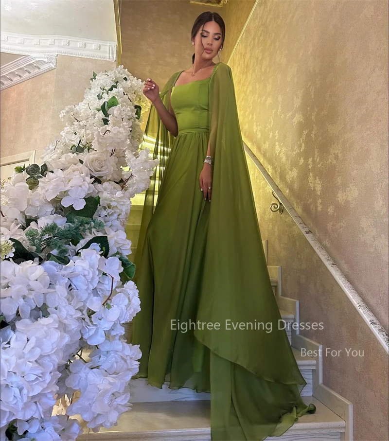 Eightree Green Evening Dresses with Cape Chiffon Square Neck A Line Formal Occasion Dress Floor Length Wedding Party Prom Gowns