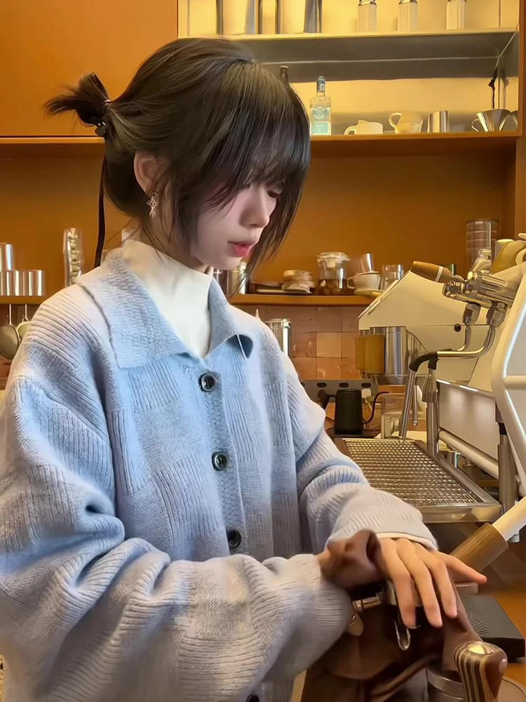 

American Retro Blue Plaid Design Open Cardigan Sweater Loose Knitted Top for Men And Women Couple Youth Casual Winter Wear