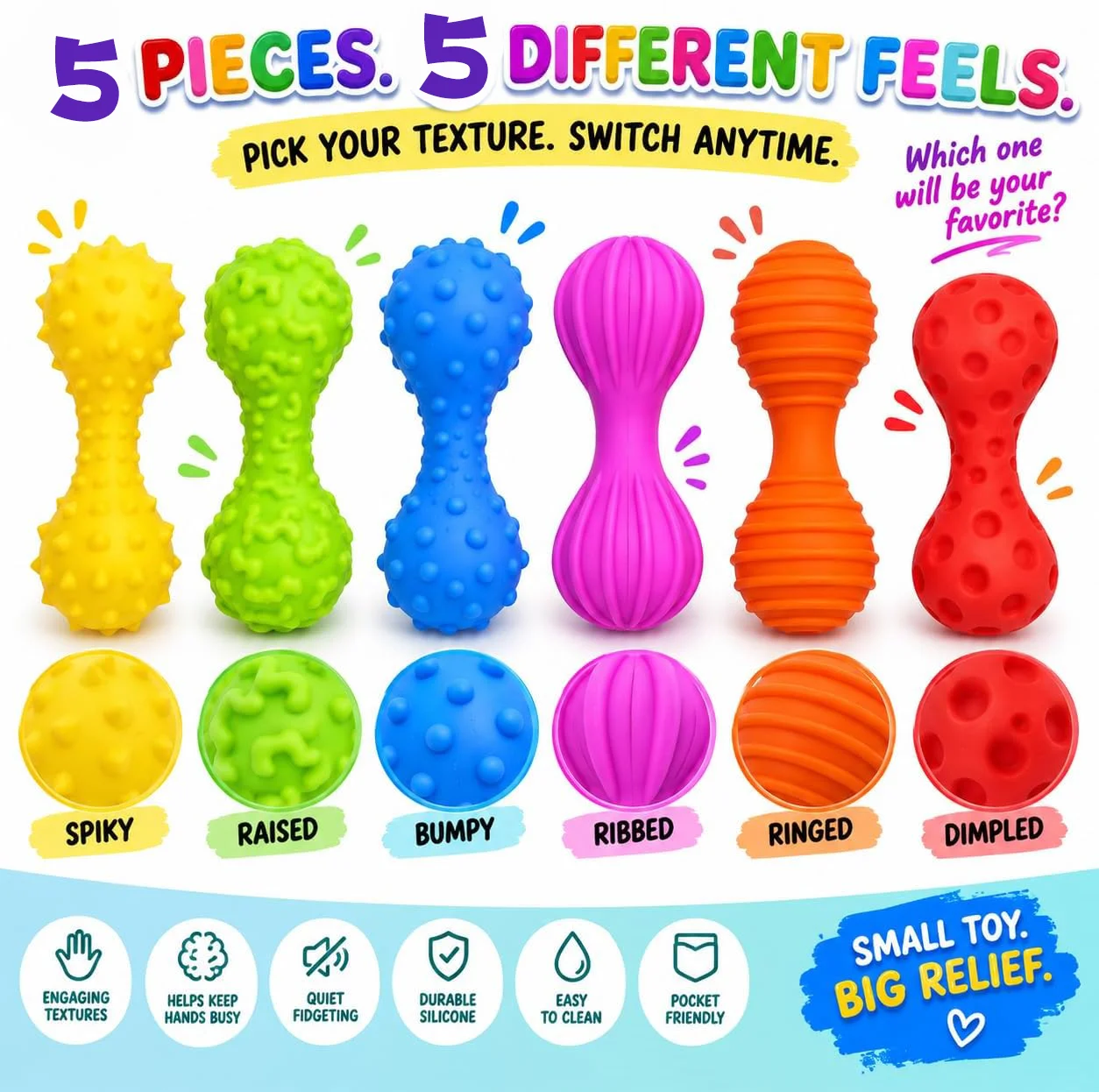 Silent Sensory Stress Relief Toys, 6-Piece Set, Textured Silicone Finger Toys |   Autism Adhd Sensory Tools, Suitable for Children and Adults, Anxiety Relief, Pocket-Sized Stress Relief Toys, Suitable for School, Travel, Classroom, 5 Pieces in Random Colors.