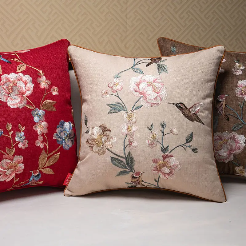 

ancient Chinese flowers bird embroidered cushion cover decorative sofa cotton linen pillowcase lumbar pillow cover