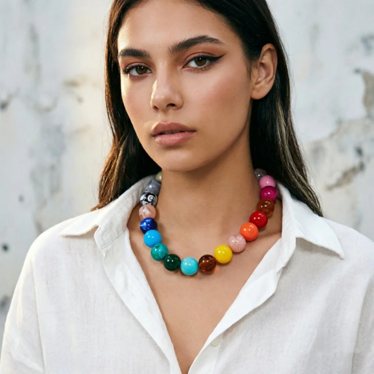 Modische bunte Acryl-Halskette mit großen runden Perlen für Damen und Herren, böhmische blaue braune Harzperlen, Choker, Y2K-Ästhetik-Schmuck – Detail 14
