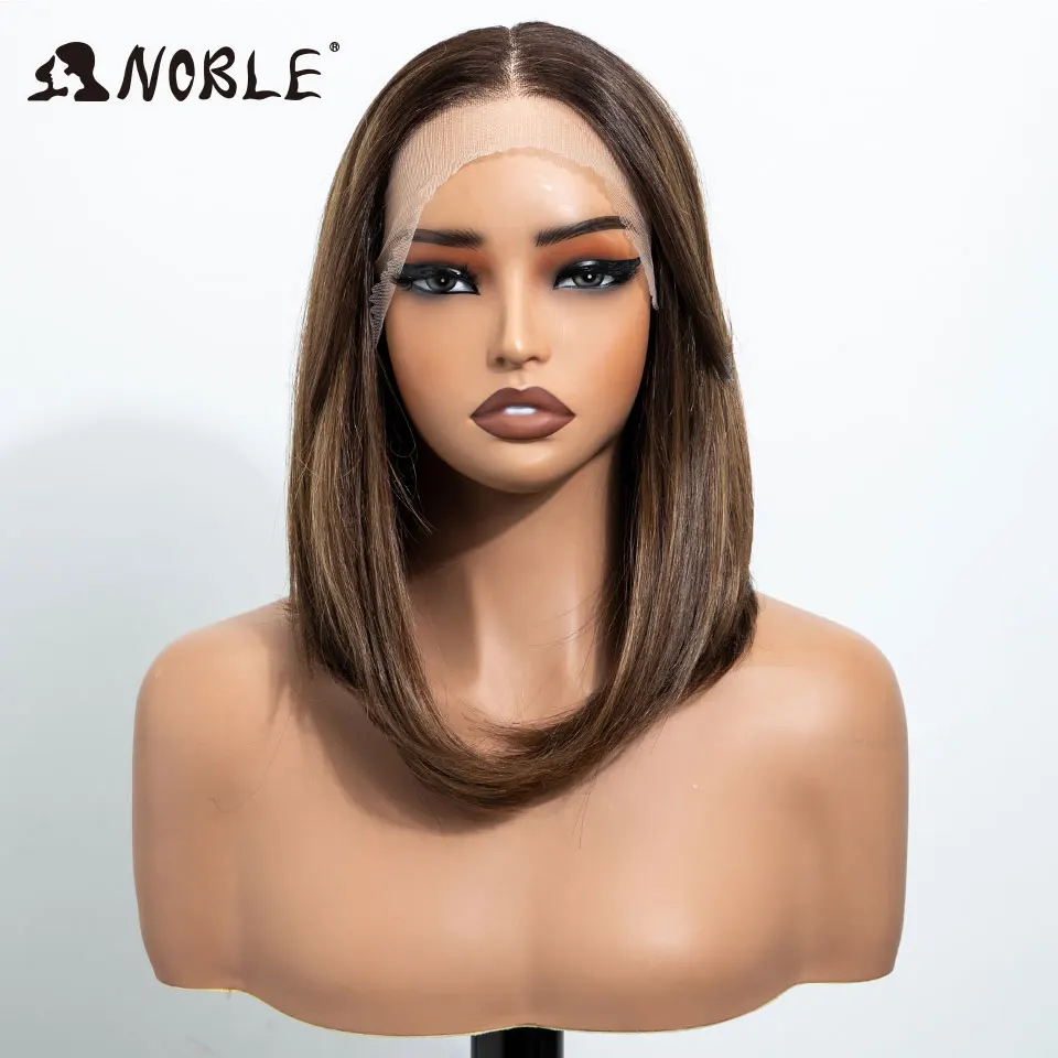 Noble 13x4 Synthetic Lace Front Wigs For Women Short Bob Wig With Bangs Pre Plucked Hairline Heat Resistan Ombre Blonde Lace Wig
