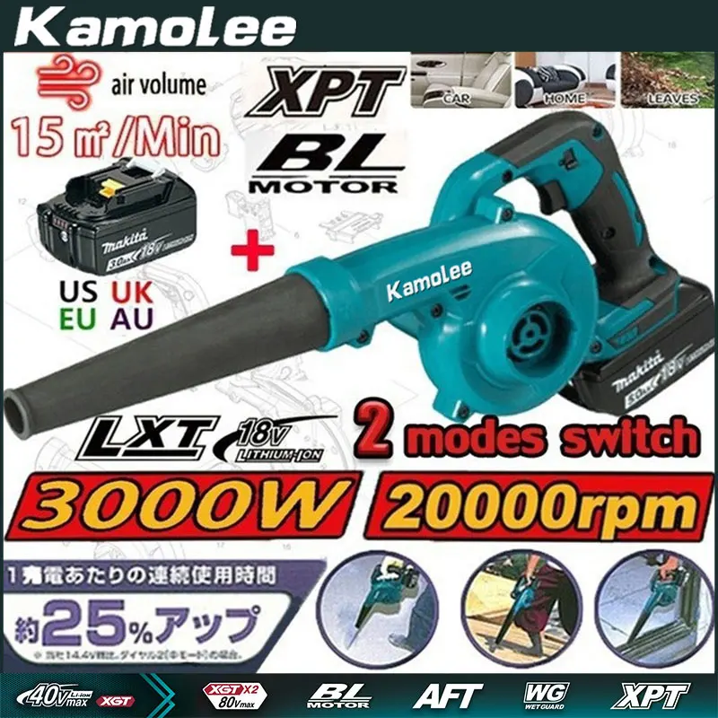 Kamolee Cordless Brushless Electric Blower DUB185 2 In 1 20000rpm Compatible for Makita 18V Battery.