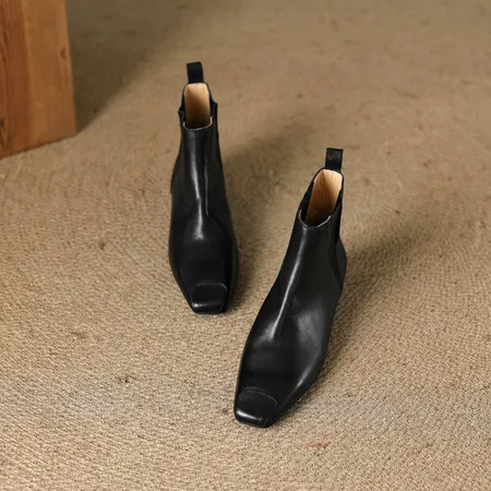 

Women’s Genuine Leather French Style Square Toe Ankle Boots Low Mid Heel Slim Fit Vintage British Fashion Boots