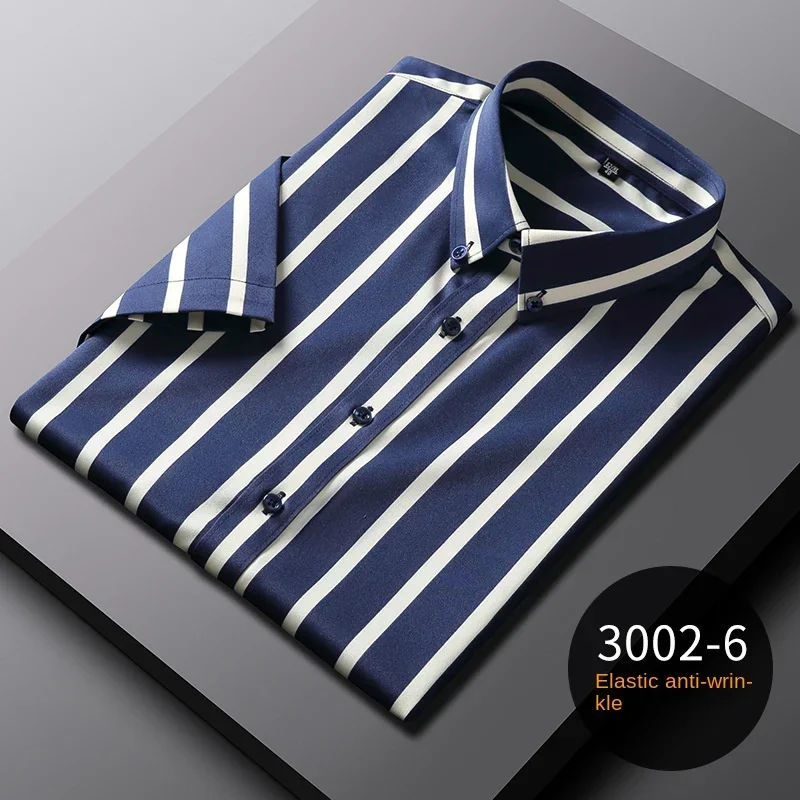 New summer stretch short-sleeved shirts trend non-ironing wrinkle-resistant slim striped shirts men's casual shirts wholesale