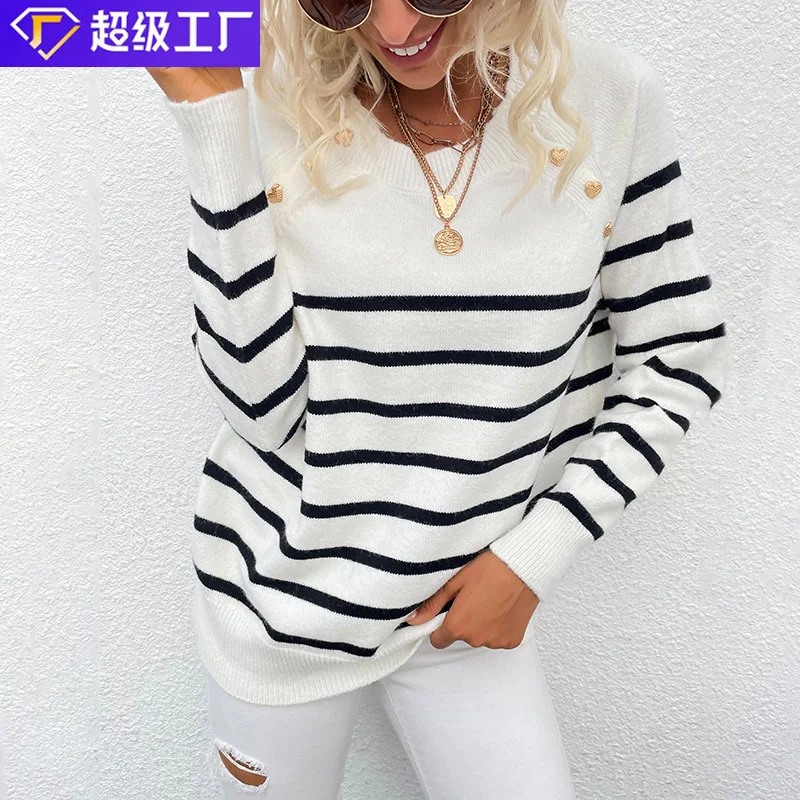 Knit Tops Women's 2023 Autumn and Winter New Stripe Knitwears Pullover Shoulder Button Sweater Women Top Pendant Sets