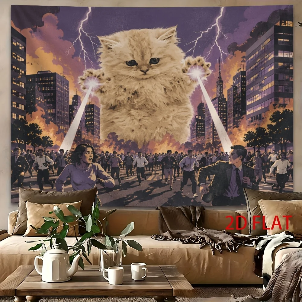 Giant Laser Cat Tapestry, Funny Monster Cat Destroy City, Lightning Sky Panic Crowd, Wall Hanging for Bedroom Dorm Home Decor