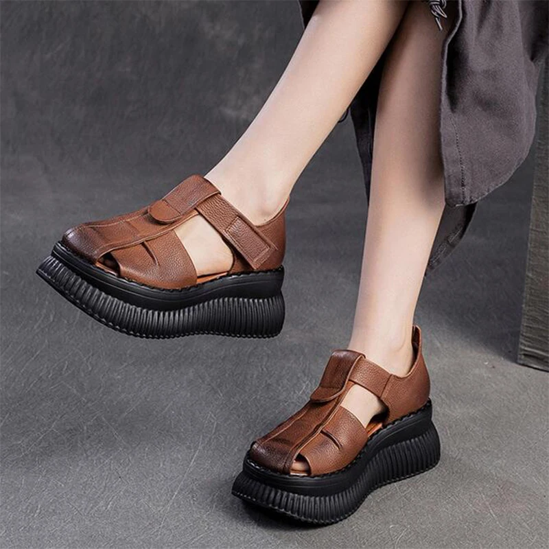 GKTINOO Woman Sandals Summer Wedge Sandals Casual Cutout Genuine Leather Women Shoes Female Ladies Platform Retro Sandalias