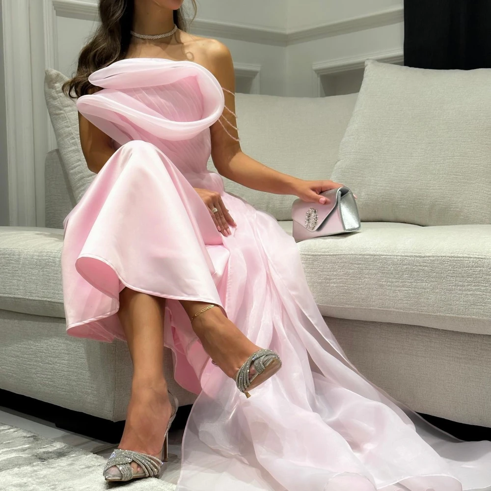 

Carolina Elegant Pink New Saudi Arabic Off the Shoulder Prom Dresses Organza Ankle Length Formal Women Evening Party Dress