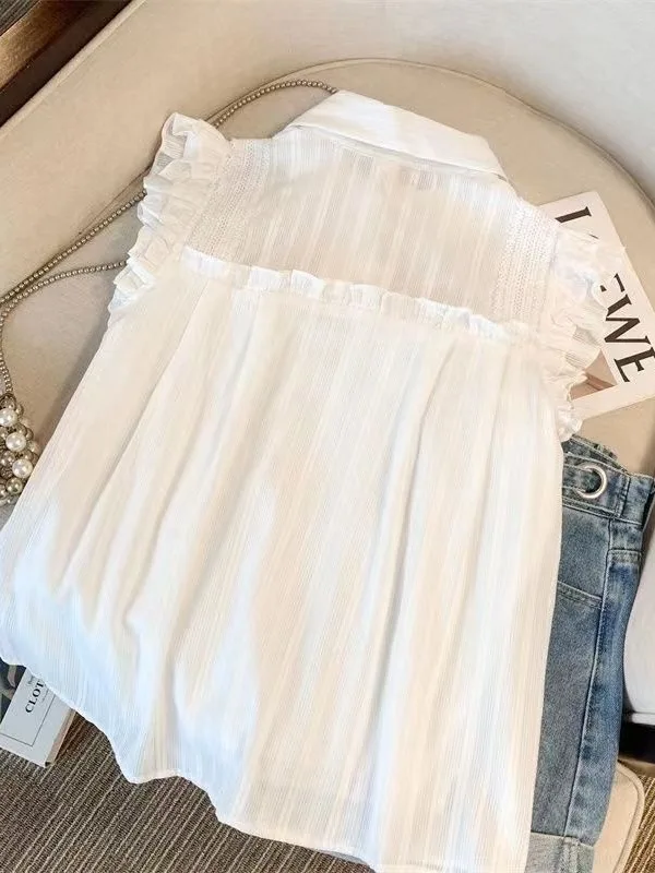 White Sleeveless Chiffon Shirt Women Summer Fashion Loose Slimming Lace Trim Fly Sleeve Vest Top French Style Loose Fit Shirt