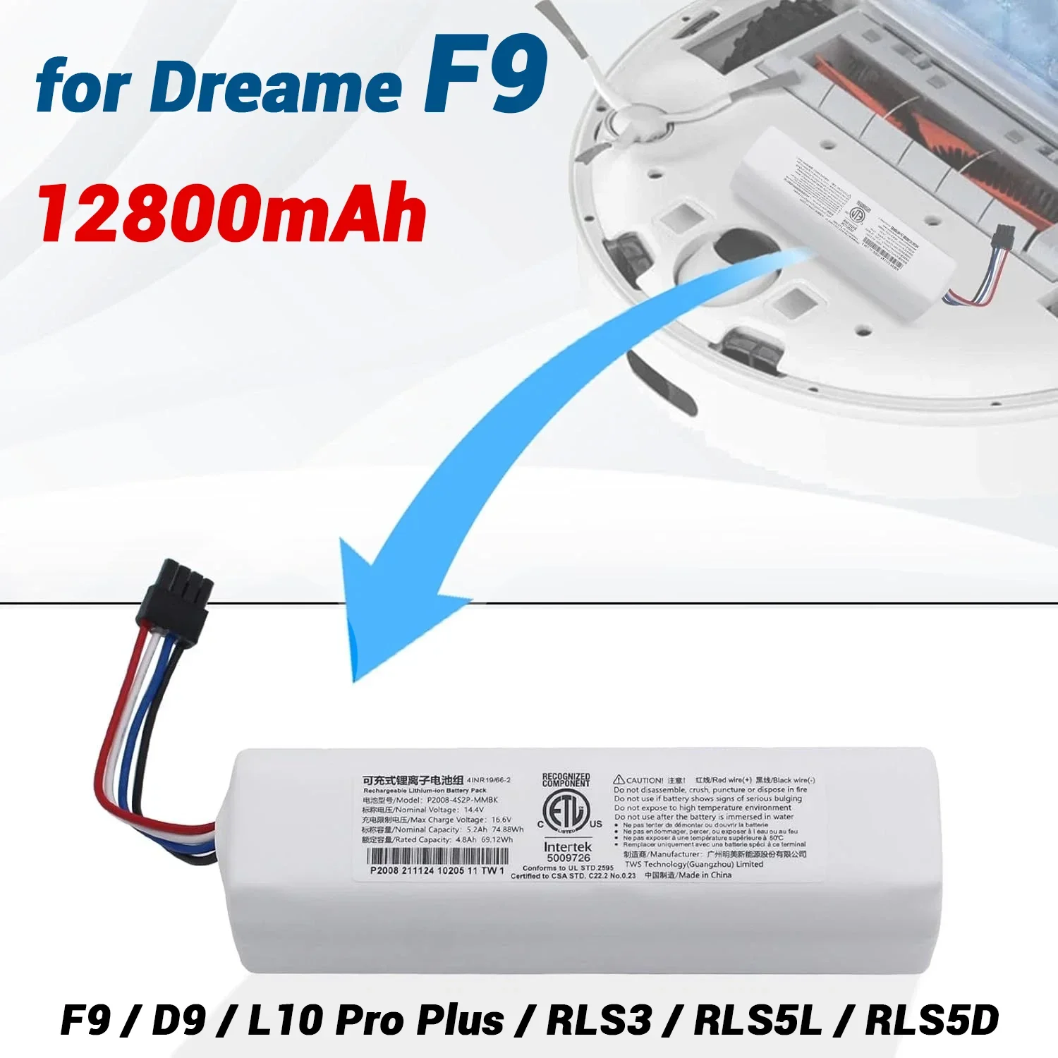 14.4V Replacement Battery for Dreame F9, D9, L10, Z10 Pro/Plus/MAX - Ideal for RLS3, RLS5, RLS5L, RLS5D Robotic Vacuum Cleaners