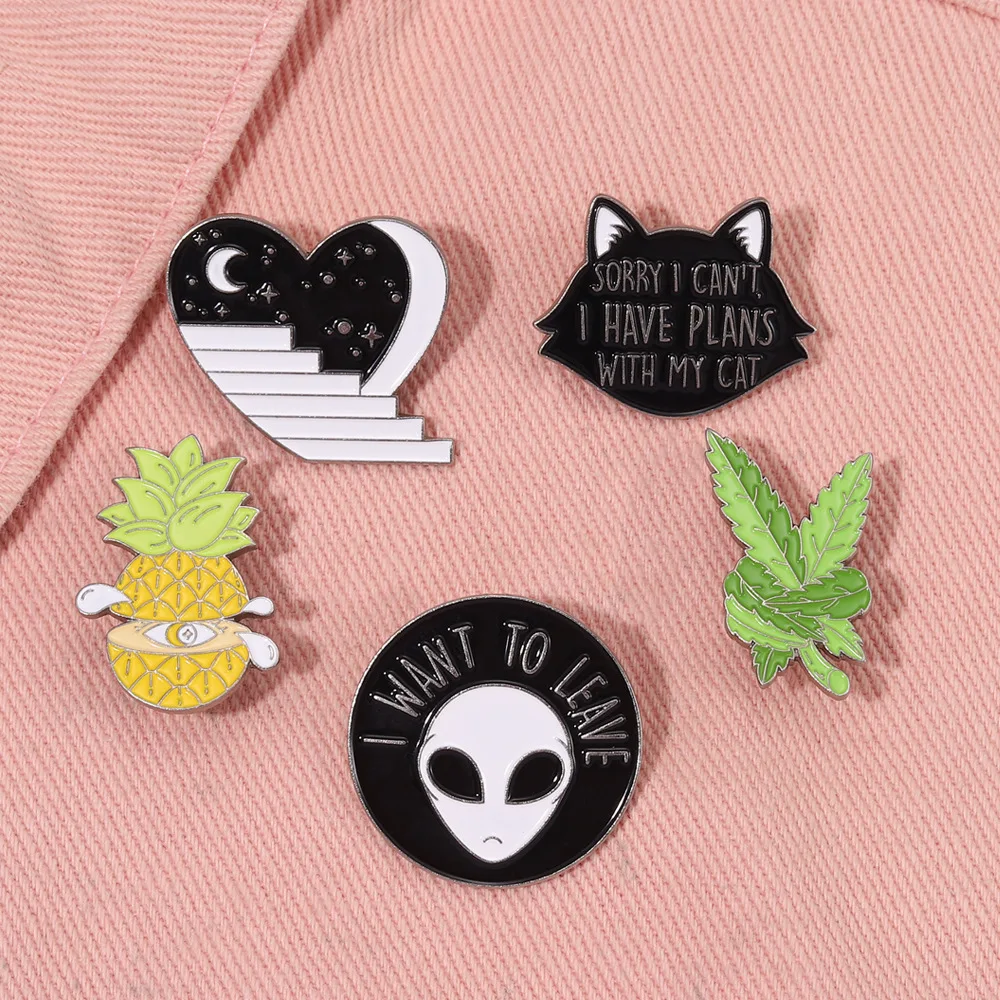 I Want To Leave Enamel Pins Custom Cat Person Pineapple Victory Sign Brooches Lapel Badges Jewelry Gift for Kids Friends