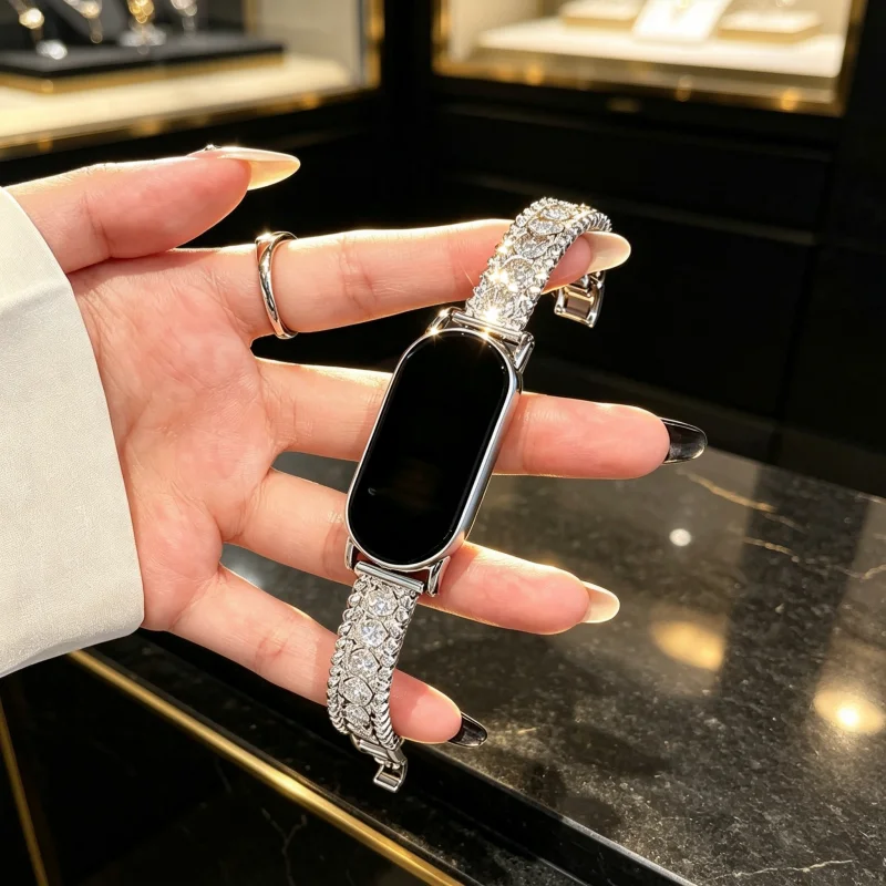 Diamond studded metal bracelet suitable for watch straps Xiaomi Band 8Pro/9Pro，For Mi band 3/4/5/6/7，8/8NFC/9/9NFC/10/10NFC，For - view 4