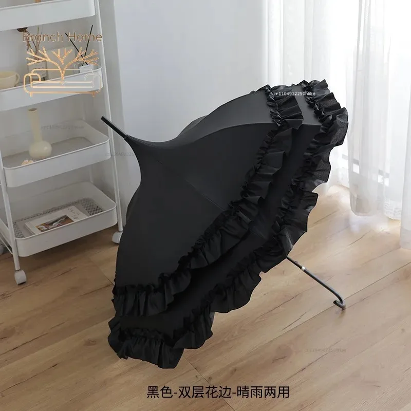 White Black Pagoda Umbrella Princess Long Handle Umbrella Small Fresh Curved Handle Wind-resistant  Wedding Etiquette Umbrella