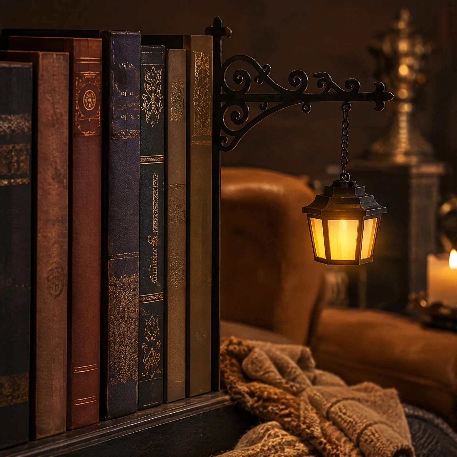 3 Styles Bookshelf Lamp Vintage Library Lantern Hanging LED with Bookend Base Warm Light for Book Nook Study Home Decor