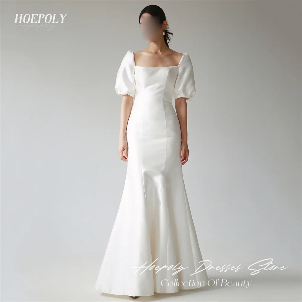 

Hoepoly White Square Neck Half Puff Sleeve Backless Mermaid Pleat Long Evening Dress Floor Length Classy Formal Prom Gown 프롬드레스