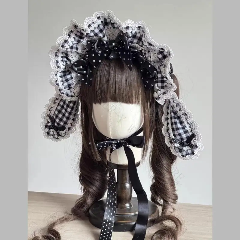 R7UF Lovely Checkered Rabbits Ear Headbands Lolitas Handwork Hair Band Fashion Hair Accessory for Costume Event