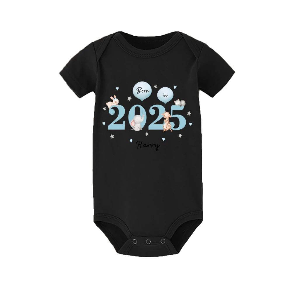 Personalize Born in 2025&animal Balloon Baby Romper Custom Name Short Sleeve Infant Jumpsuit Pregnancy Announcement Bitrh Gift