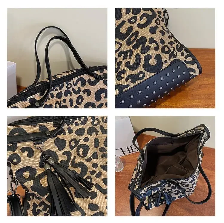 Bolso grande con estampado de leopardo, bolso de hombro informal de gran capacidad para otoño e invierno, bolso de motocicleta con remaches para mujer, tendencia