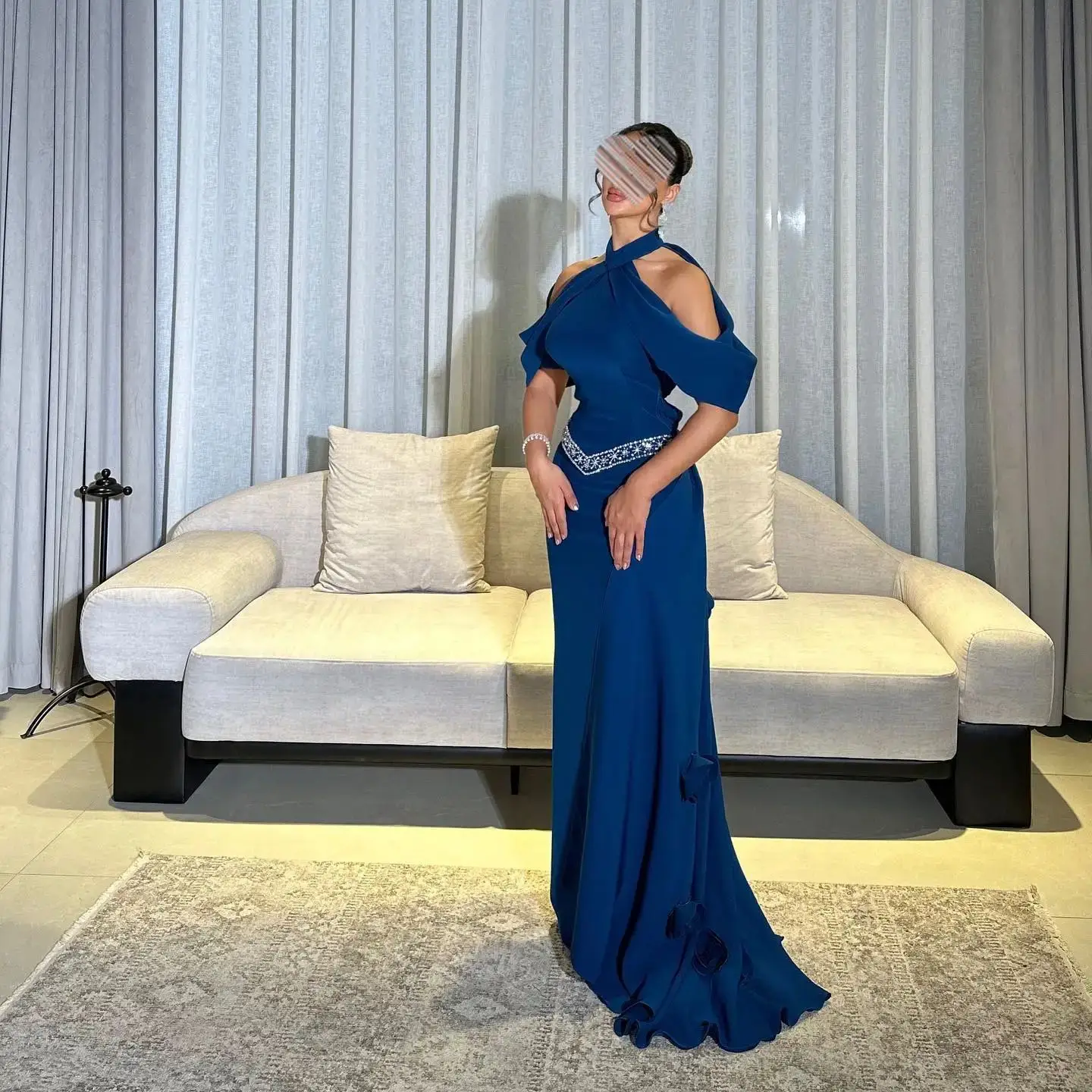 AsaNagi Vintage Halter Hals Bloemen Galajurk Vrouwen Kralen Blauwe Avondjurken Vloerlengte op maat gemaakte Formele Gelegenheidsjurken