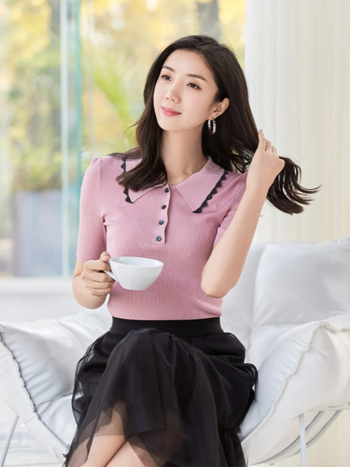 

Sweet Sle Women's Knitted ort Sve Slim Fit Collar Top Pink Color Spring Summer New Arrival Versatile Faionable Top