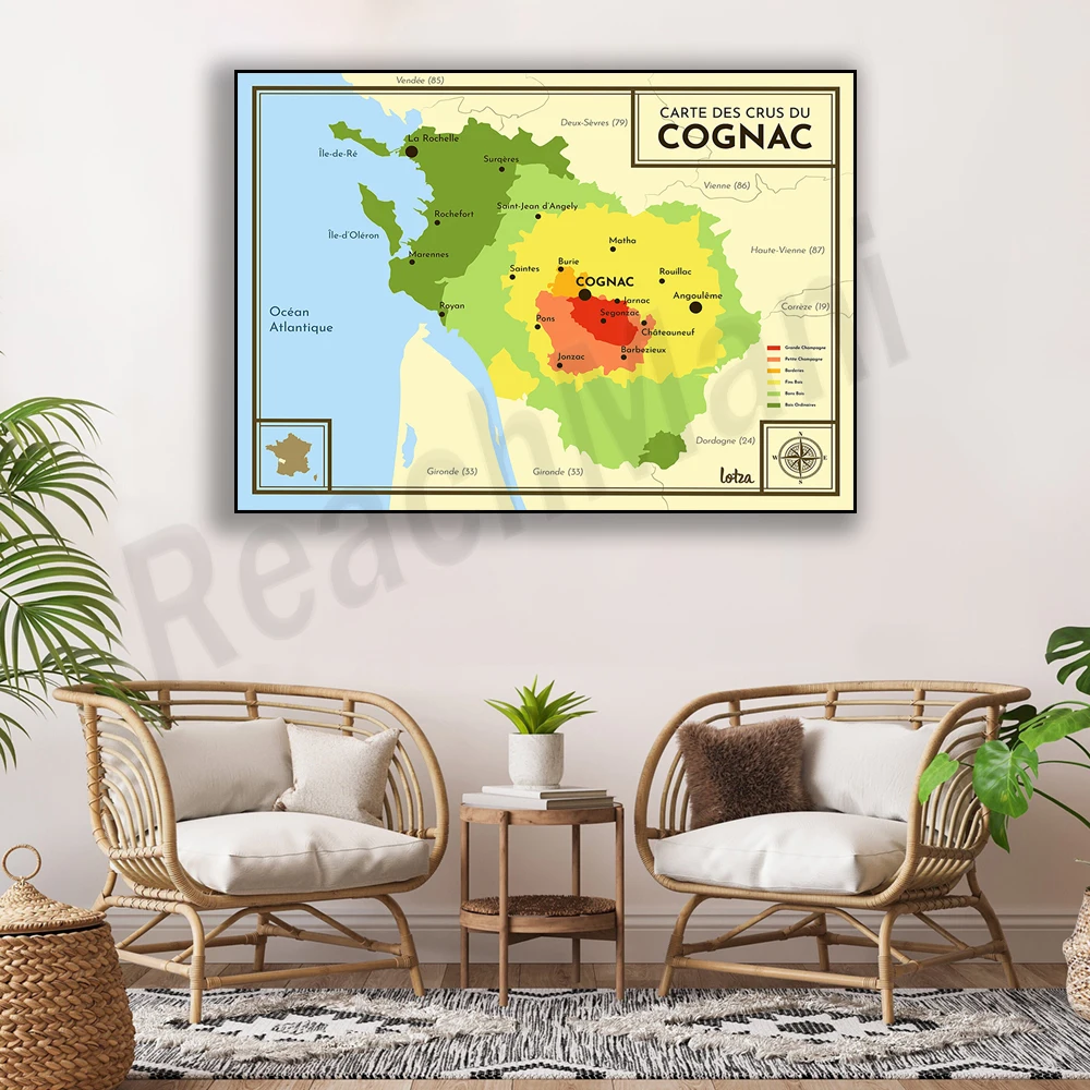 Cognac Grand Cru poster map, retro simple poster, travel poster wall home interior decoration canvas printing