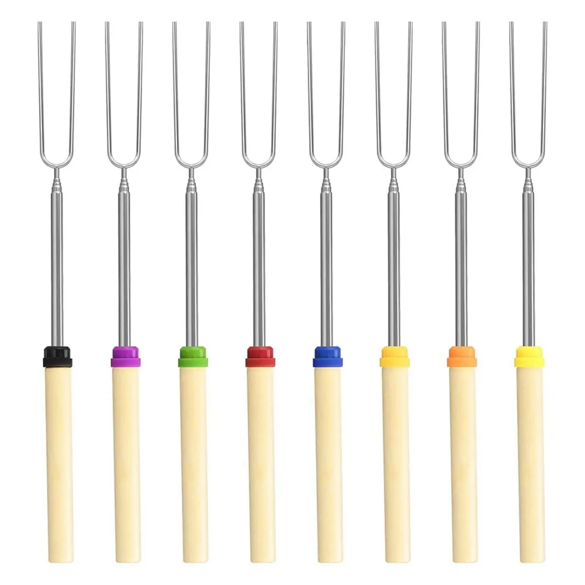 8 Pack Roasting Sticks Set, Extendable 32in Barbecue Skewers with Wooden Handle, for Marshmallow, Hot Dogs, Camping, BBQ