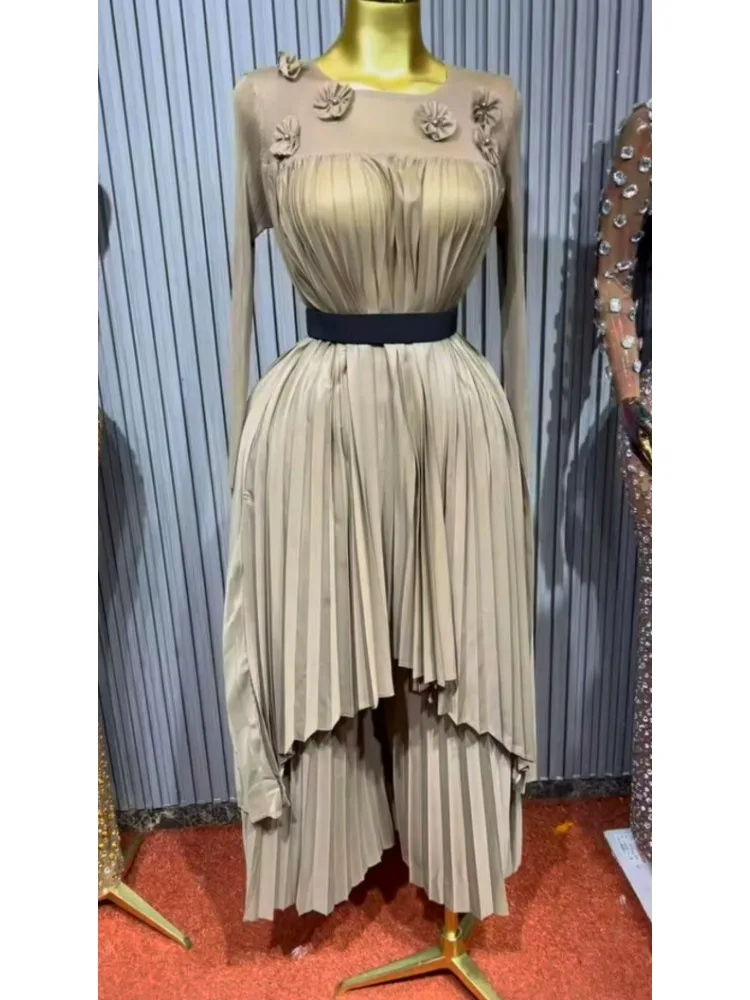 Miyake Pleats 2025 ฤดูใบไม้ผลิและฤดูร้อน Handmade ดอกไม้ลูกปัดตกแต่งกางเกงขากว้าง 2 ชิ้นผู้หญิงพรีเมี่ยมชุด