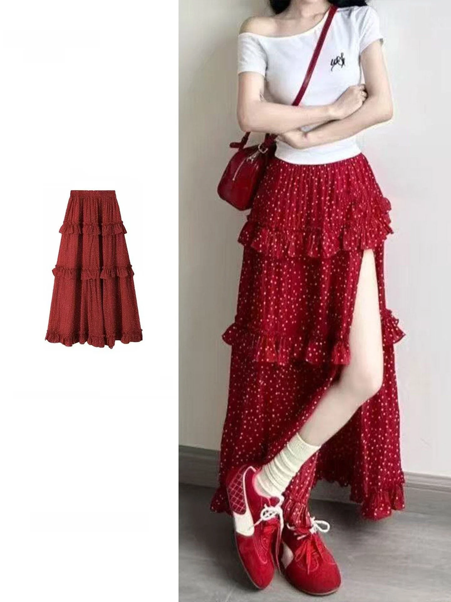 Red Polka Dot Asymmetrical Hem Skirt Women's Summer New High Waist Ruffle Sweet Fish Tail Long Skirt Large Size Retro Style