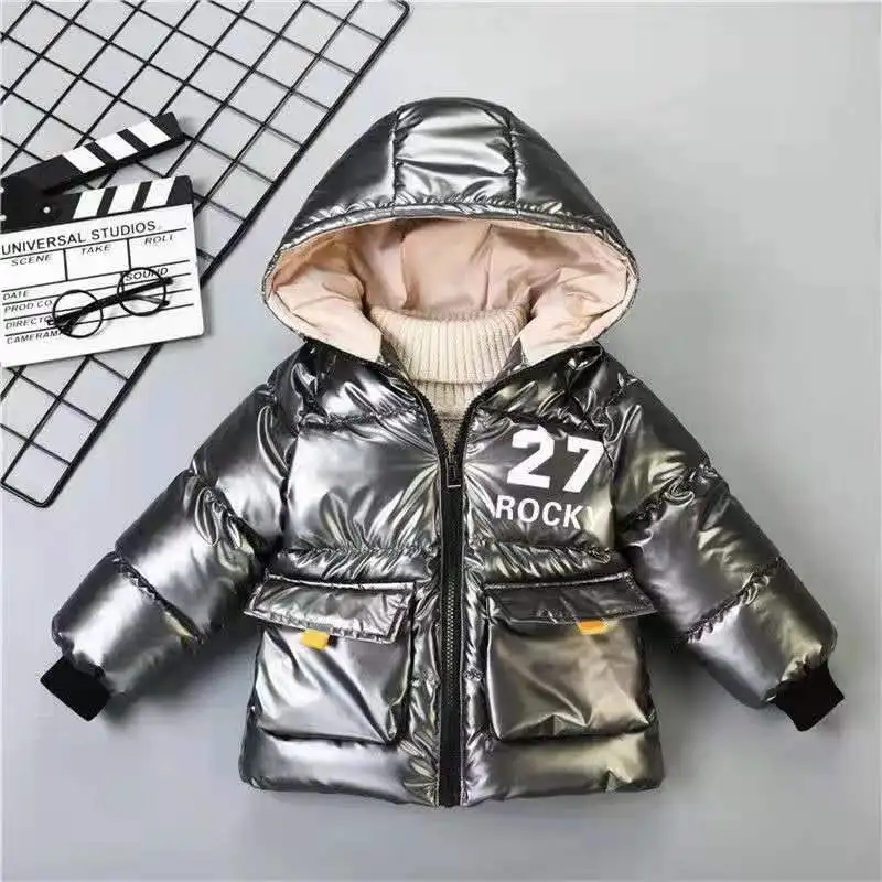 Boy Warm Parka DownCoat Fashion Teenage 2024 Winter Jacket Casual Thicken Shiny Leather down Cotton Coats Kid Hooded Outerwear