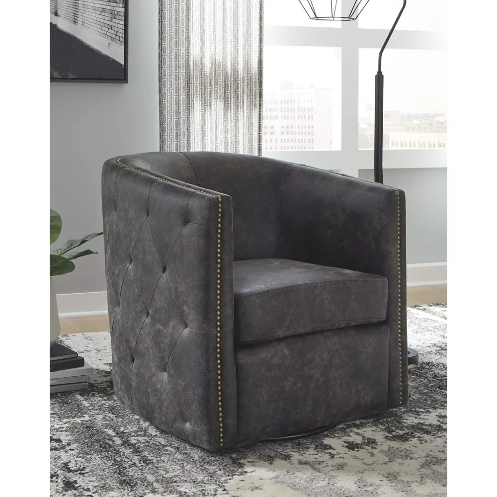 Tufted Barrel Accent Swivel Chair, Distressed Black