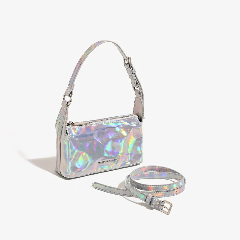 

Fashion spring women's pleated mirror wave shoulder bag 2025 summer new luxury multifunction PU oil wax small square underarm
