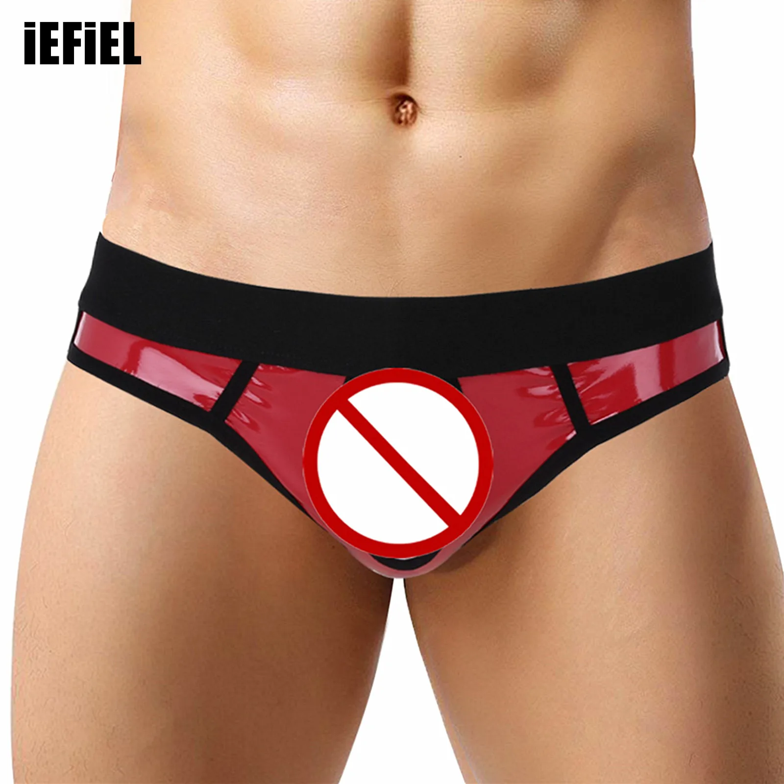 

Mens Lingerie Faux Leather Briefs Open Back And Hollow Out Jockstrap Low Rise Bikini G-string Underwear with Metal O-Ring