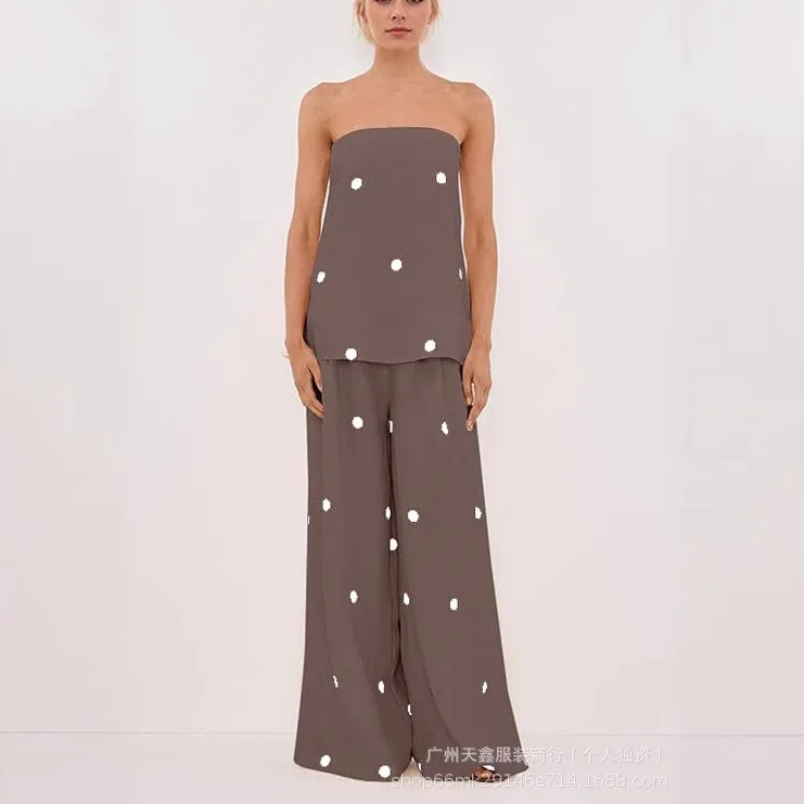 

Foreign Style Polka Dot Print Women's Two-piece Summer Sexy Strapless Loose Top+wide Leg Pants Set Ladies Casual Vacation Outfit