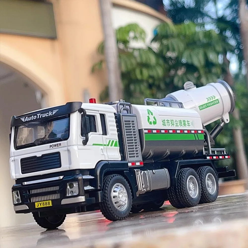 1/50 Dust Suppression Spray Truck Model Car Toys Diecast Alloy Sanitation Vehicles Sound Light Pull Back Birthday Gifts for Kids