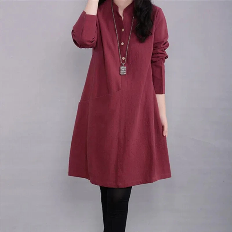 Spring Autumn Fashion Round Neck Long Sleeve Women's Clothing Loose All-match Button Korean Simplicity Youth Temperament Dresses